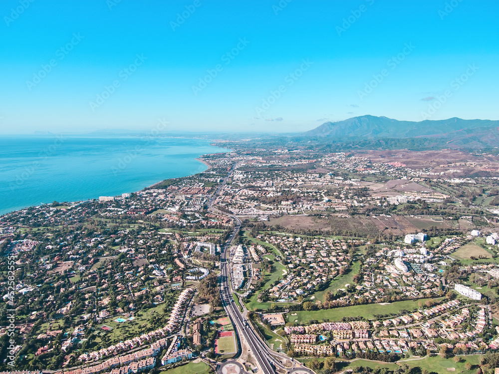 San Pedro Alcantara, Spain- August 23, 2021. Aerial view of the coastal town San Pedro Alcantara, in Marbella