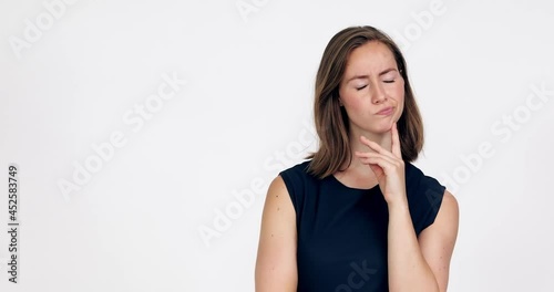 Portrait of a beautiful brunette woman with expressions thinking and wondering what to do, and finally she gets an idea. Isolated on white background. High quality 4K footage 