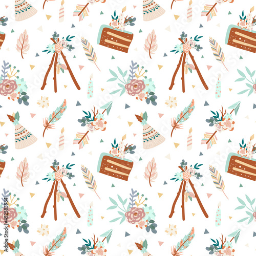 Vector cartoon illustration in trendy boho style. Seamless pattern with birthday cake, arrows, wigwams, flowers compositions and feathers. Birthday scandinavian pattern. Hand drawn Boho elements.