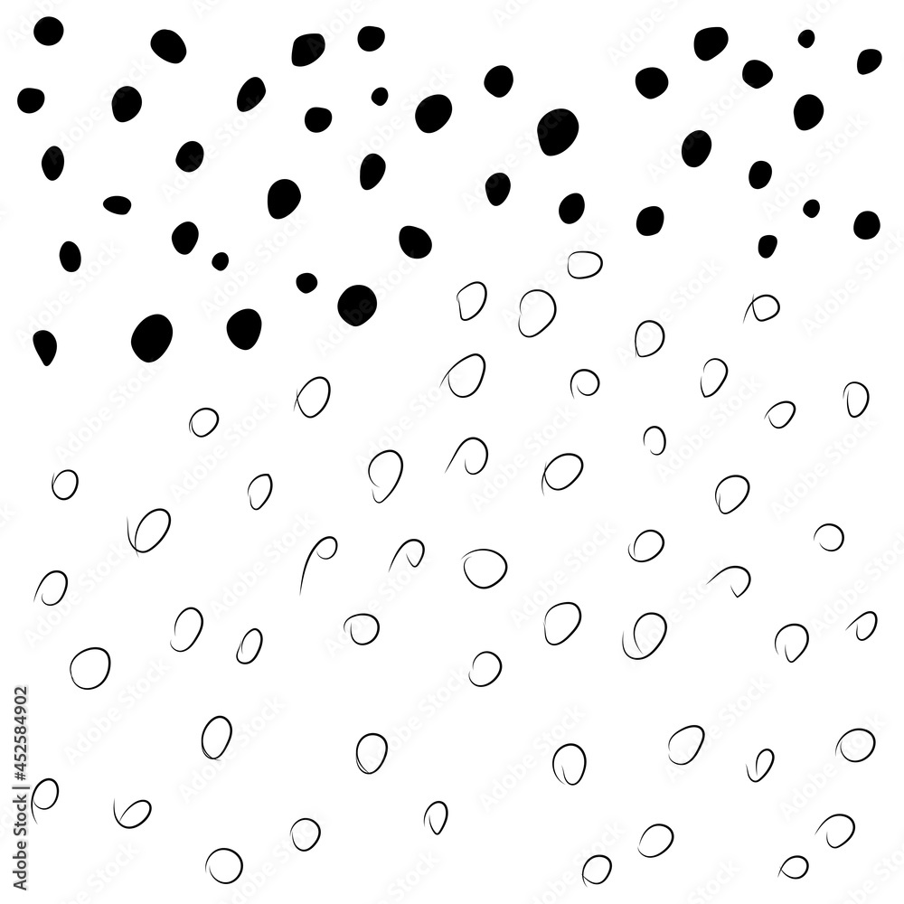 Vector illustration. Children's drawing. Spotted black and white background. Geometric abstract pattern from hand-drawn circles. Filled and linear spots.