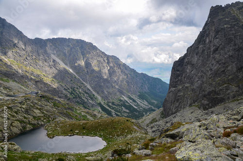 Beautiful scenery view of a mountain lake and rocks under cloudy sky in High Tatras National Park, Slovakia