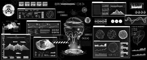 Futuristic User Interface with Head Up Display - HUD. Futuristic dashboard interface for UI, UX, GUI. Scifi callouts titles and windows frame in HUD style. 3D Hologram geometric shapes. Vector FUI