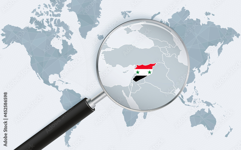 World map with a magnifying glass pointing at Syria. Map of Syria with the flag in the loop. World map with a magnifying glass pointing at Syria. Map of Syria with the flag in the loop.