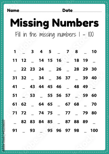 Maths worksheets, missing numbers 1 to 100 printable sheet for preschool and kindergarten kids activity to learn basic mathematics skills.
