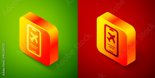Isometric Smartphone with electronic boarding pass airline ticket icon isolated on green and red background. Passenger plane mobile ticket for web and app. Square button. Vector