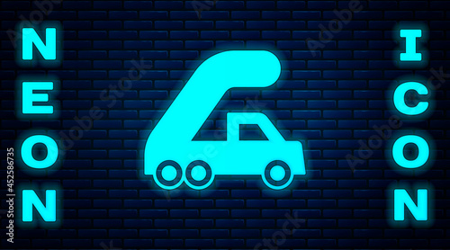 Glowing neon Passenger ladder for plane boarding icon isolated on brick wall background. Airport stair travel. Vector