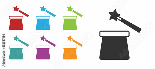 Black Magic hat and wand icon isolated on white background. Magic trick. Mystery entertainment concept. Set icons colorful. Vector