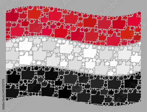 Mosaic waving Yemen flag created of like icons. Vector confirmation mosaic waving Yemen flag organized for national applications. Yemen flag collage is organized with random like icons. photo