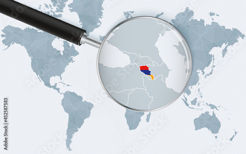 World map with a magnifying glass pointing at Armenia. Map of Armenia with the flag in the loop.