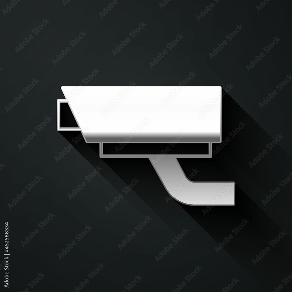 Silver Security camera icon isolated on black background. Long shadow style. Vector Silver Security camera icon isolated on black background. Long shadow style. Vector