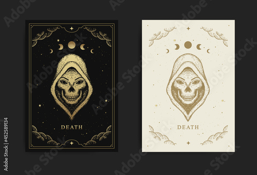The angel of death, major arcana tarot card in engraving, luxury, esoteric, boho, spiritual, geometric, astrology, magic themes, for tarot reader card. Premium Vector