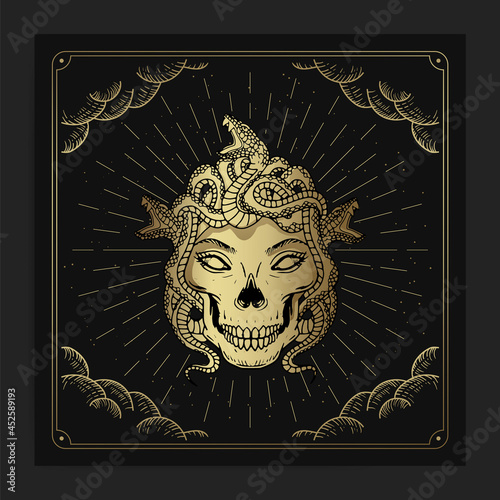 Skull head of gorgon medusa in engraving, hand drawn, luxury, celestial, esoteric, boho style, fit for spiritualist, religious, paranormal, tarot reader, astrologer or tattoo vector