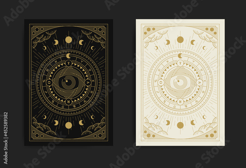 Canvas Print Wheel of fortune tarot card with engraving, hand drawn, luxury, esoteric, boho s