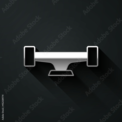 Silver Skateboard wheel icon isolated on black background. Skateboard suspension. Skate wheel. Long shadow style. Vector