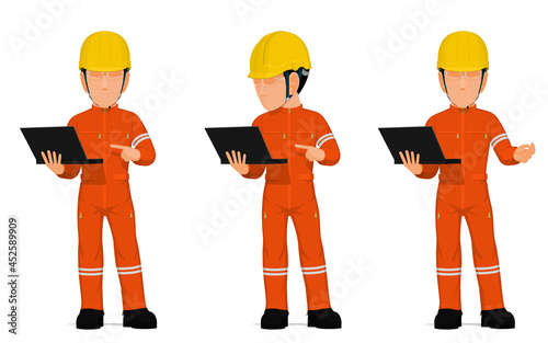 set of worker with laptop on white background