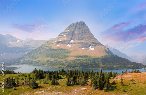 Overview of Bearhat Mountain and Hidden Lake viewing from Hidden Lake Overlook along the logan Pass, Glacier National Park, Montana USA. photo