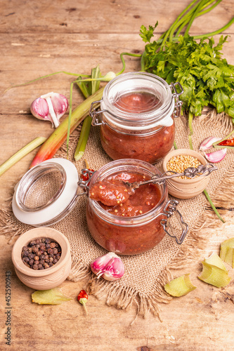 Chutney from rhubarb. Set of ingredients and spices for cooking