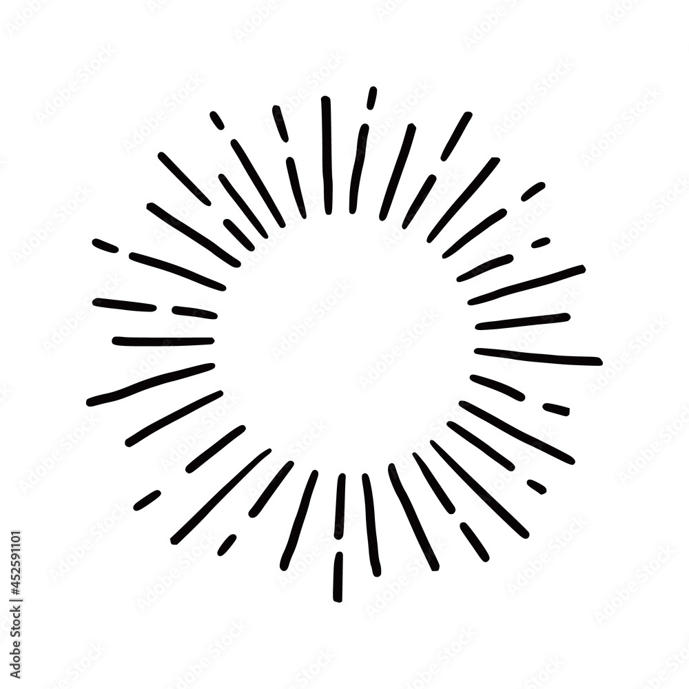 Hand drawn sunburst shine ray and sparkle element. Doodle sketch style. Circle burst of sun, star. Vector illustration. Hand drawn sunburst shine ray and sparkle element. Doodle sketch style. Circle burst of sun, star. Vector illustration.