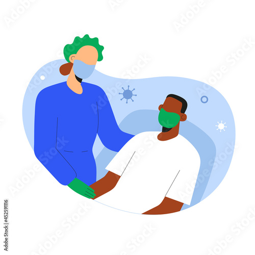 Covid recovery, senior patient getting well from pneumonia and coronavirus infection, medical nurse taking care of elderly african-american patient lying in bed, vector cartoon illustration