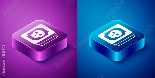 Isometric Tarot cards icon isolated on blue and purple background. Magic occult set of tarot cards. Square button. Vector