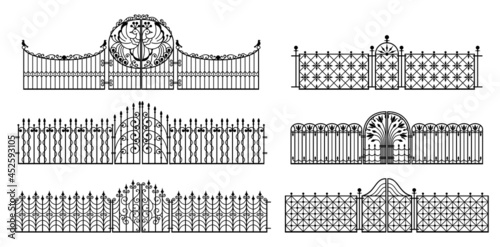 Decorative fences and gates. Set of vintage wrought metal fences with gates. Isolated black silhouette on white background. Vector