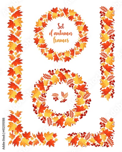 Set of frames and dividers from autumn leaves. Decor elements from maple leaves, rowan leaves and berries. Design template for autumn holidays, congratulations, invitations. Vector illustration
