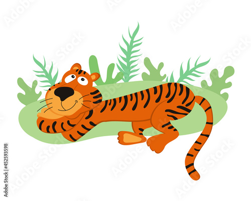Fototapeta Naklejka Na Ścianę i Meble -  Cute cartoon tiger lies in the leaves. Vector character illustration.