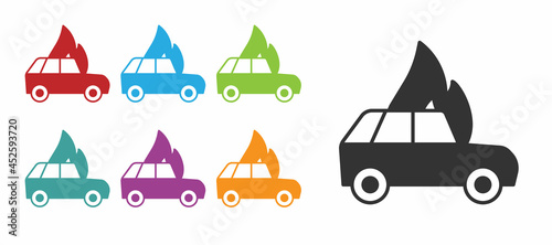 Black Burning car icon isolated on white background. Car on fire. Broken auto covered with fire and smoke. Set icons colorful. Vector