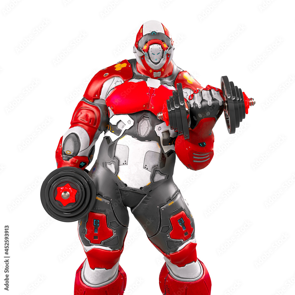 future soldier is doing some workout with dumbbell on white background