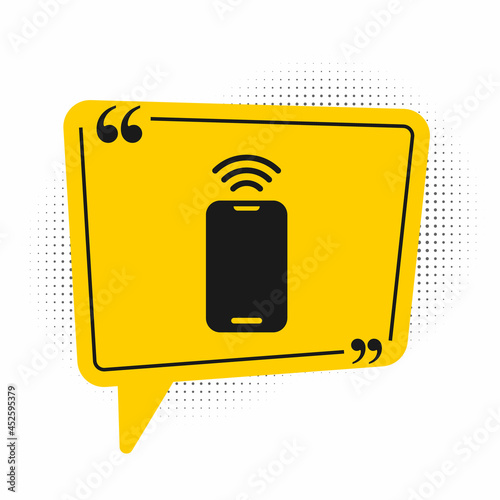Black Smartphone with free wi-fi wireless connection icon isolated on white background. Wireless technology, wi-fi connection, wireless network. Yellow speech bubble symbol. Vector