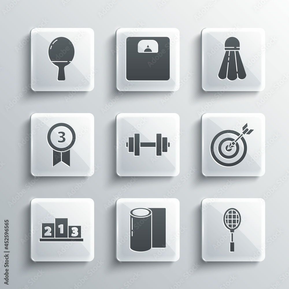 Set Fitness mat roll, Tennis racket, Target with arrow, Dumbbell, Award over sports winner podium, Medal, Racket for playing table tennis and Badminton shuttlecock icon. Vector Set Fitness mat roll, Tennis racket, Target with arrow, Dumbbell, Award over sports winner podium, Medal, Racket for playing table tennis and Badminton shuttlecock icon. Vector