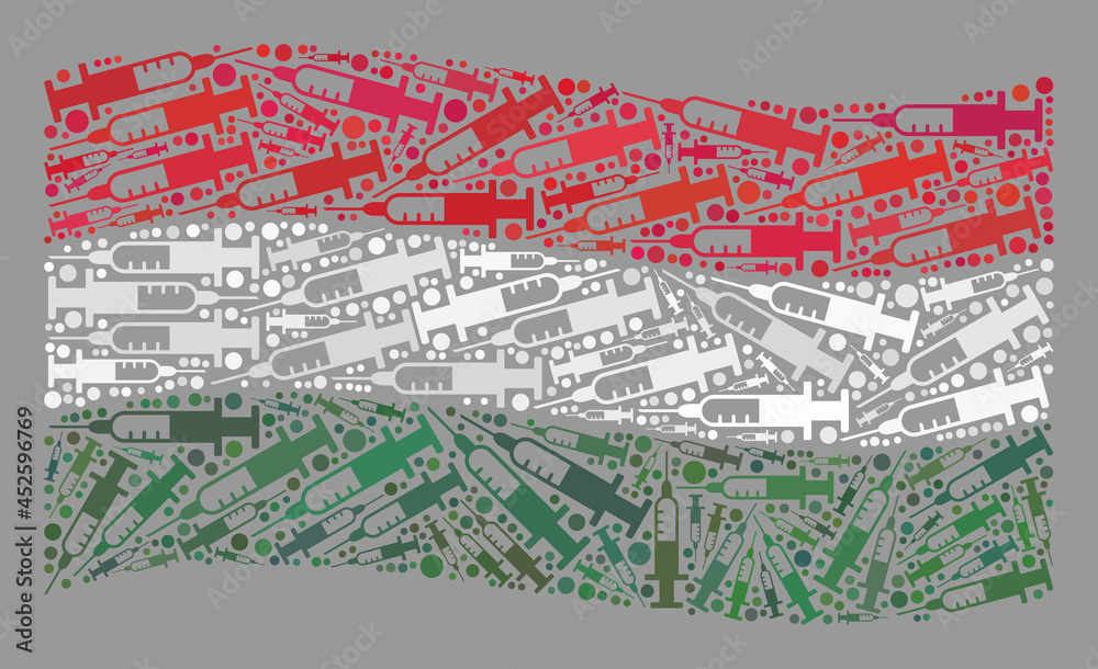 Obraz premium Mosaic waving Hungary flag constructed with vaccine icons. Vector vaccine mosaic waving Hungary flag organized for outbreak applications.