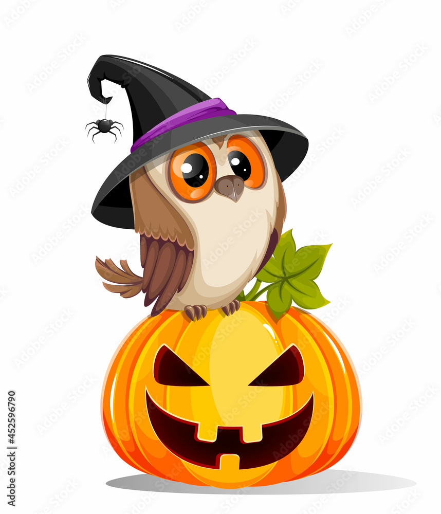 Happy Halloween. Cute owl sitting on scary pumpkin