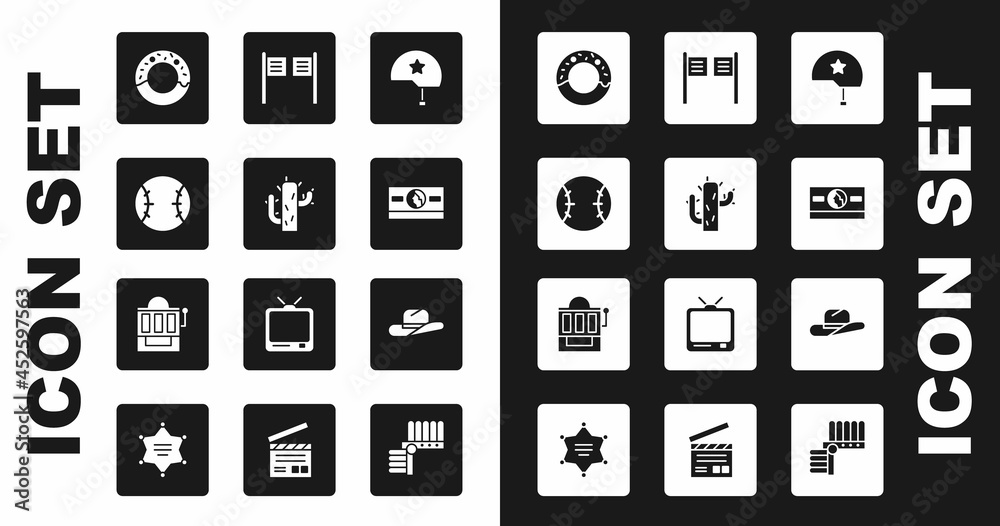 Set Military helmet, Cactus, Baseball ball, Donut, Stacks paper money cash, Saloon door, Western cowboy hat and Slot machine icon. Vector Set Military helmet, Cactus, Baseball ball, Donut, Stacks paper money cash, Saloon door, Western cowboy hat and Slot machine icon. Vector
