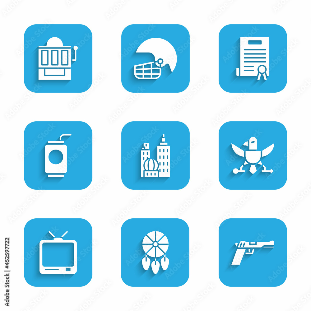 Set City landscape, Dream catcher with feathers, Pistol or gun, Eagle, Retro tv, Soda can straw, Declaration of independence and Slot machine icon. Vector Set City landscape, Dream catcher with feathers, Pistol or gun, Eagle, Retro tv, Soda can straw, Declaration of independence and Slot machine icon. Vector