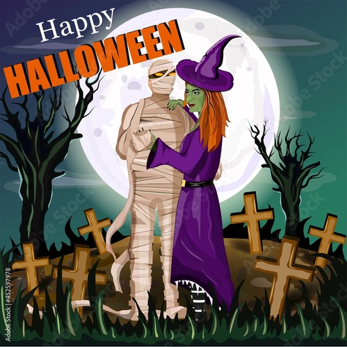 Нalloween .Feast of all saints. party in honor of the dead. Witch with mummy. Lilac dress. Humpbacked nose. Cartoons. Concept. Festive postcard. Cemetery with the dead. Full moon. Old trees. Vector.