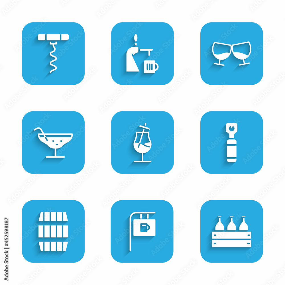 Set Cocktail, Street signboard with Bar, Bottles of wine in wooden box, opener, Wooden barrel, Glass cognac or brandy and Wine corkscrew icon. Vector Set Cocktail, Street signboard with Bar, Bottles of wine in wooden box, opener, Wooden barrel, Glass cognac or brandy and Wine corkscrew icon. Vector