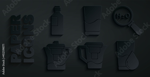 Set Water jug with a filter, Chemical formula for H2O, Glass water, and Bottle of icon. Vector