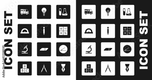 Set Test tube and flask, Pencil with eraser, Protractor, School Bus, Calculator, Light bulb concept of idea, Acute angle and Microscope icon. Vector