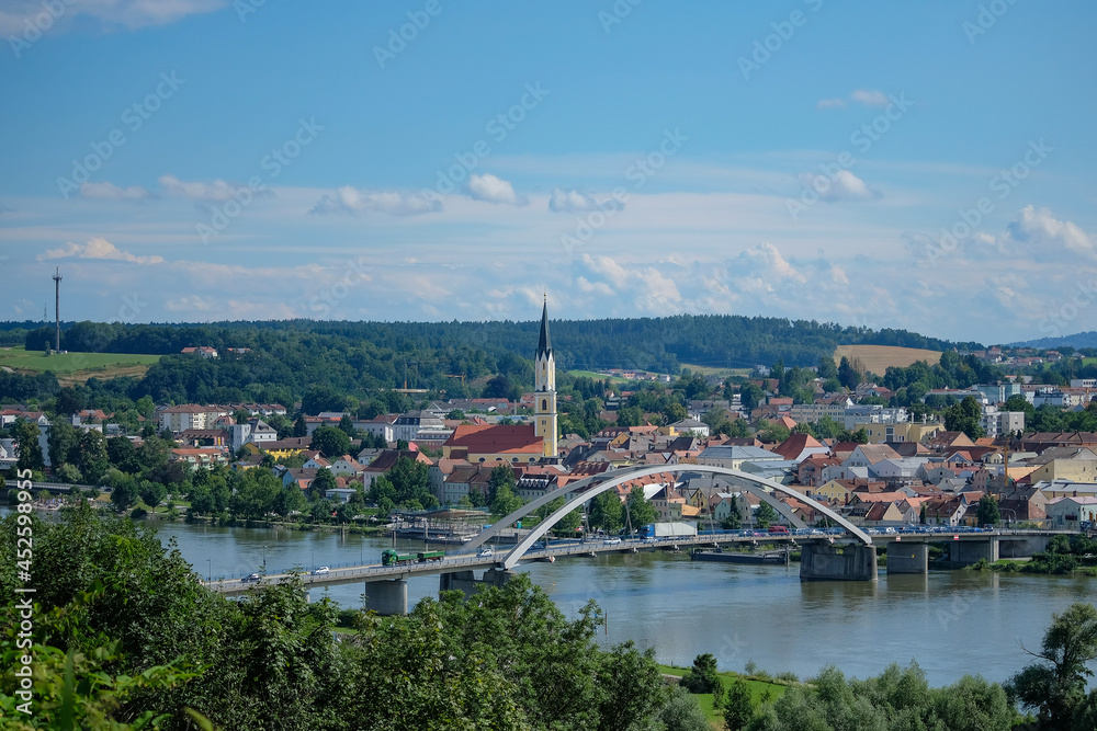 Naklejka premium View over the river Danube to the city of Vilshofen, Germany