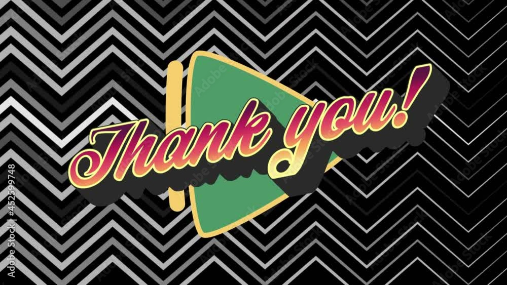 Animation of thank you text over colorful graphics and shapes