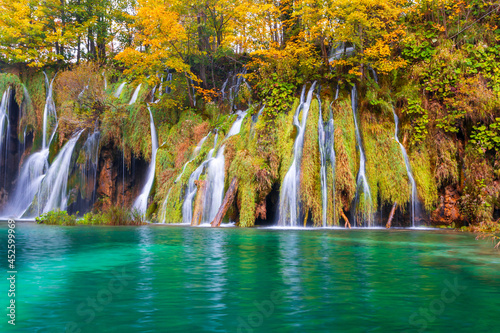 Beautiful autumn colors at the famous Plitvice lakes, many beautiful waterfalls, Plitvice National Park
