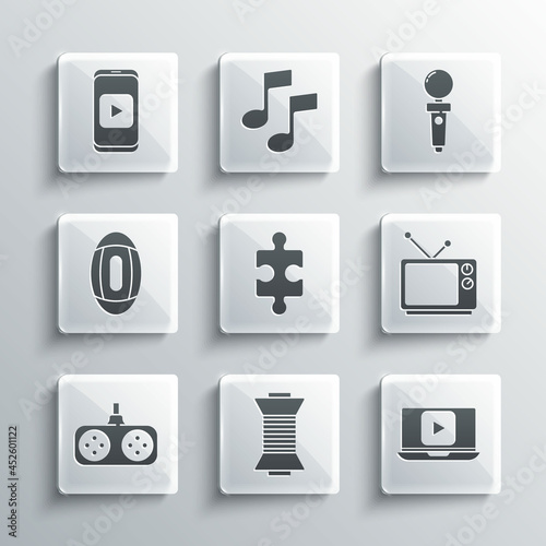 Set Sewing thread on spool, Online play video, Retro tv, Piece of puzzle, Gamepad, American Football ball, and Joystick for arcade machine icon. Vector