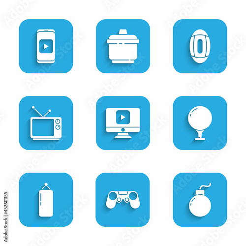 Set Online play video, Gamepad, Bomb ready to explode, Golf ball on tee, Punching bag, Retro tv, American Football and icon. Vector
