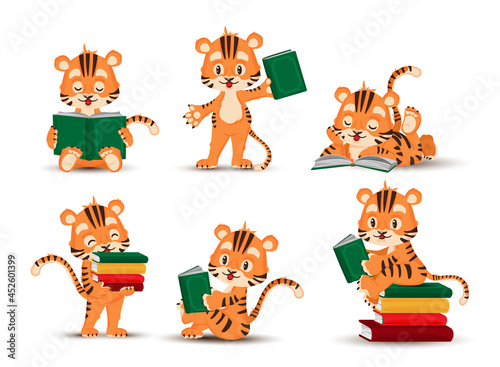 A little tiger cub reads a book. Set of isolated figurines of a tiger cub. Vector, illustration, cartoon, flat