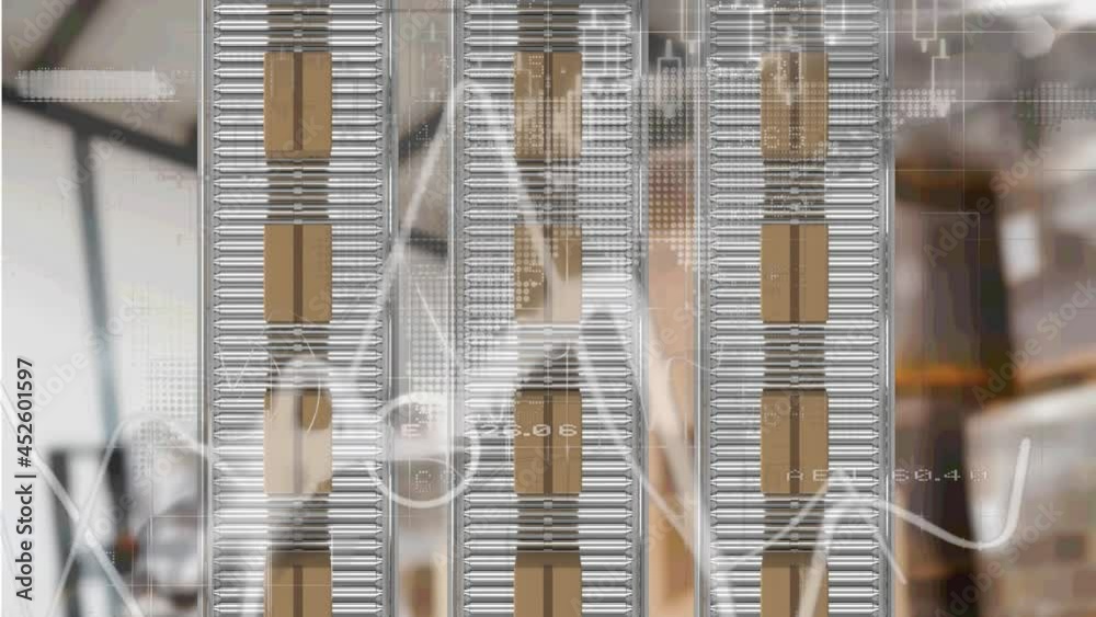 Animation of statistics processing and packages on belt conveyor roller over shelves in warehouse Animation of statistics processing and packages on belt conveyor roller over shelves in warehouse