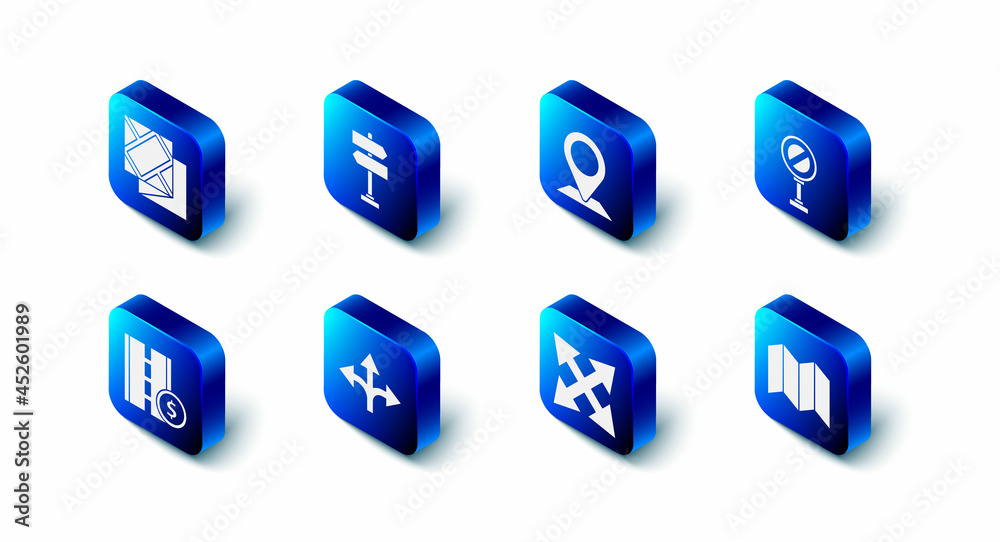 Set Road traffic sign, Location, Stop, Folded map, Toll road and icon. Vector Set Road traffic sign, Location, Stop, Folded map, Toll road and icon. Vector