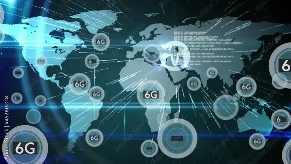 Animation of network of connections with 6g text over world map Animation of network of connections with 6g text over world map