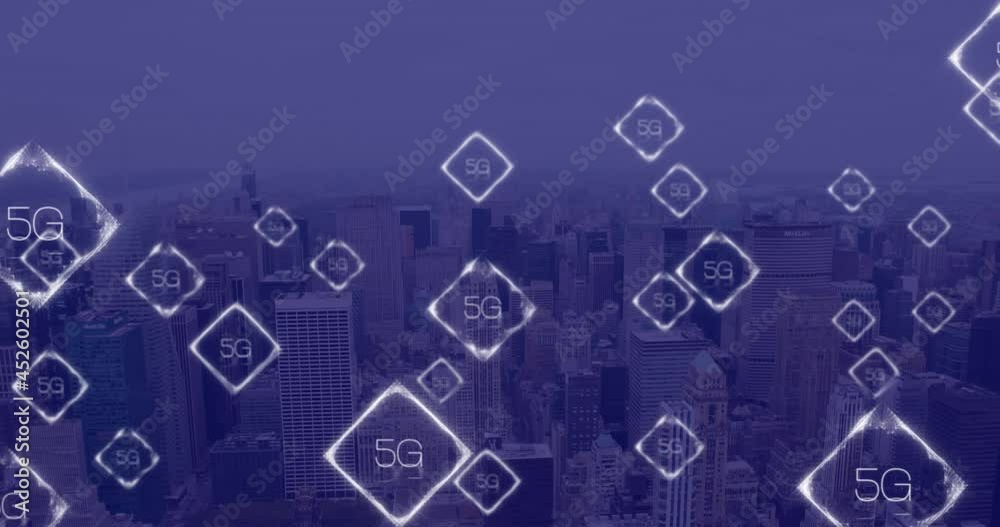 Animation of network of connections with 5g text over cityscape Animation of network of connections with 5g text over cityscape