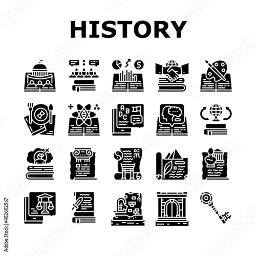 History Learn Educational Lesson Icons Set Vector. Environmental And Art, Political And Economic, Intellectual And Science History, Ancient Ruins Gate Researching Glyph Pictograms Black Illustrations